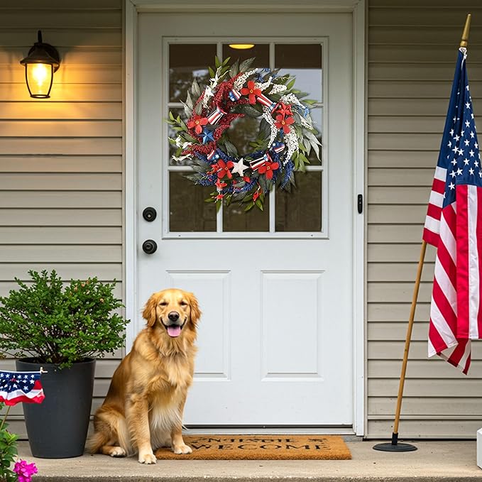 DecorbyHannah Patriotic Wreaths for Front Door, 22 inch 4th of July Wreath for Independence Day, Flag Day, Collapsible Red White Blue Wreath Decorations with Top Hat Ornament for USA 250th Holiday