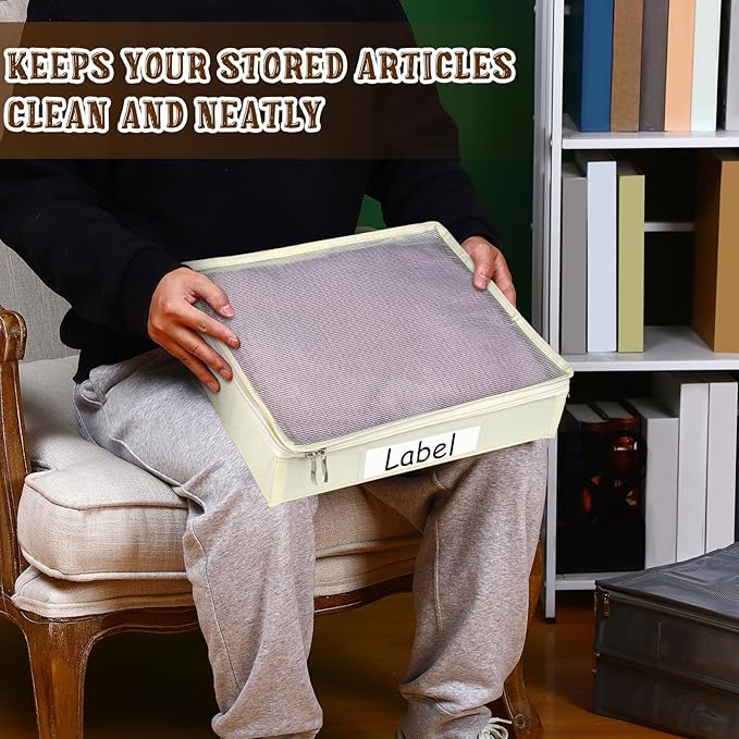 Panelee 6 Pcs 14 x 12 x 3 Inch Sweater Storage Bags Easy Gliding Zippered Sweater Package Organizer Closets Under The Bed Zippered Storage Bags with Label Pocket to Avoid Dust Dirt(Beige)