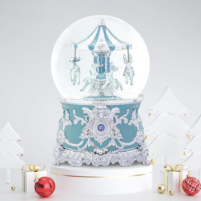 Carousel Music Box Moose Silver & Turquoise Christmas Snow Globes, 7.1" Rotate Carousel Snow Globe for Kids & Adults, Classic Wind up Musical Snow Globe Valentines Day Gifts for Women Girls Home Decor