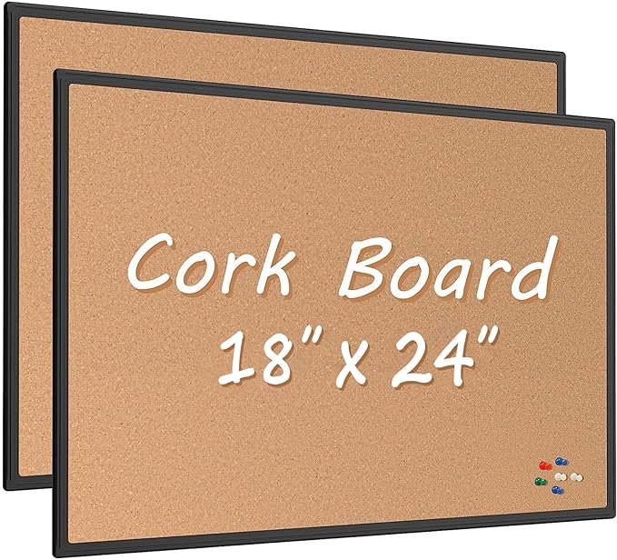 2-Pack Cork Board Bulletin Board 24 x 18, Black Aluminium Framed Corkboard, Office Board for Wall Cork, Large Wall Mounted Notice Pin Board with 32 Push Pins for School, Home & Office