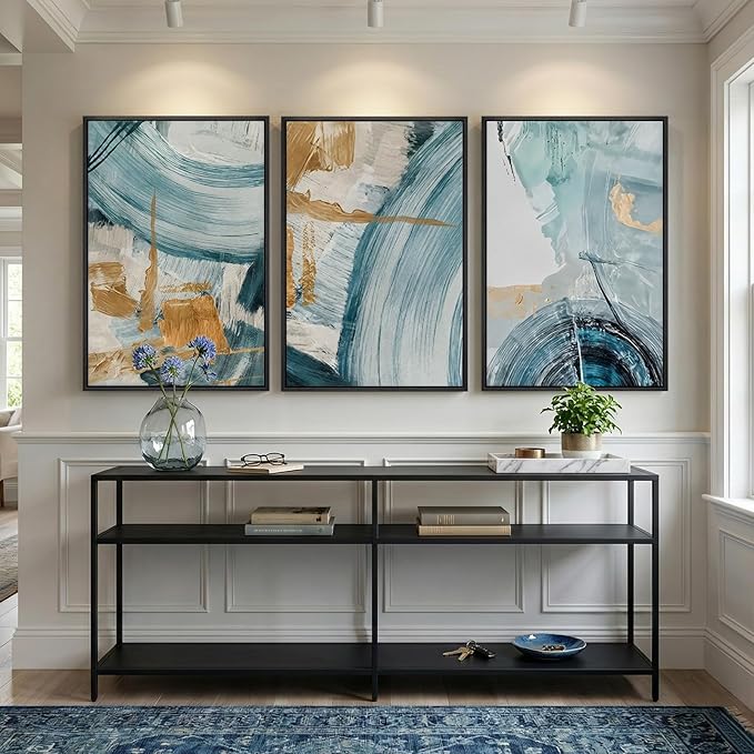 Large Framed Blue and Gold Abstract Wall Art for Living Room, 3 Piece Modern Canvas Prints Paintings Artwork for Walls, Minimalist Elegant Pictures for Dining Bedroom Hallway Lounge Wall Decor 24x36 In