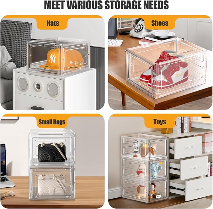 Hat Organizer Box, Stackable Clear Baseball Caps Holder Box Containers with Magnetic Door for Hats Snapback Cap Storag, Hat Rack Display Case, Holds 8 Hats Each (Clear, 6 Pack)