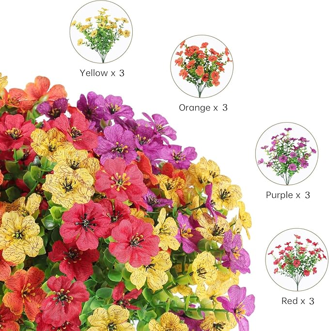 Artificial Faux Flowers Plants for Outdoors Outside Spring Summer Decoration,12 Bundles Silk Daisy Realistic Fake Flowers Plants Greenery UV Resistant for Planters Porch Patio Front Yard(4 Multicolor)