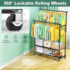 Clothes Rack with Double Rod for Hanging, Heavy Duty Clothing Rack Load 350 LBS with Lockable Wheel, Free Standing Garment Rack with 2 Shelves and Side Hooks for Home Commercial (Black)