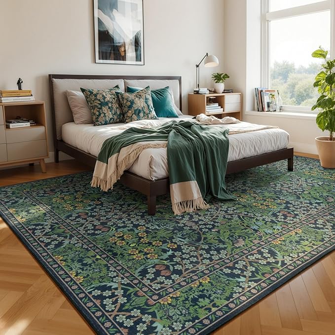 Lessymo Dining Room Rugs for Under Table, 6x9 Washable Forest Green Oriental Area Rug for Living Room, Non Slip Low Pile Carpet for Bedroom, Stain Resistance Vintage Floral Design Decor