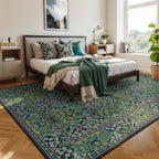 Lessymo Floral Washable Rug 9x12, Living Room Area Rugs Non Slip Boho Low Plie Large Carpet for Bedroom Dining Room Home Office, Vintage Flower Decor Distressed Retro Indoor, Forest Green