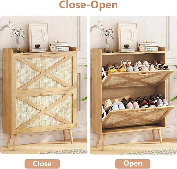 Shoe Cabinet with 2 Flip Drawers, Farmhouse Hidden Shoe Storage Cabinets, Narrow Wooden Shoes Organizer for Entryway, Slim Freestanding Shoe Rack Cabinet for Front Door Entrance, Rattan Natural