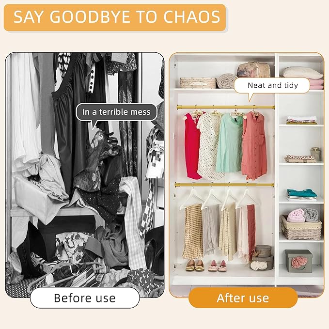 1.3 Inch Diameter Closet Rods for Hanging Clothes 17-64 Inch Adjustable, Metal Heavy Duty Closet Pole, Gold Closet Bar for Hanging Clothes, Suitable for Closet, Wardrobes, Bathroom, Windows