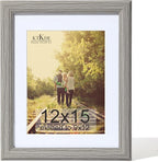 KTKDE 12x15 Picture Frame,Display Pictures 9 x12 with Mat or 12x15 Without, Tempered Glass,15 by 12 Gray Wooden Frame Wall Gallery Poster Frame best gift