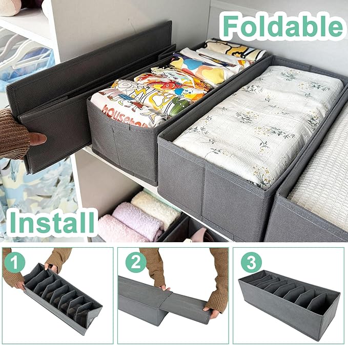 homyfort 8 Pack Dresser Drawer Organizers and Storage Bins for Clothing, Large Drawer Organizer Bins for Baby Clothes, T-Shirts, Bra, Underwear, Socks (Grey)