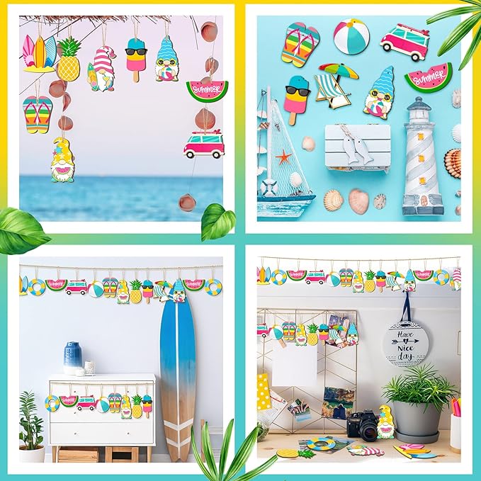 Geelin 36 Pcs Summer Wood Hanging Ornaments for Tree Mini Tree Decorations Hawaiian Beach Wooden Pendant Decorations with String for Luau Party Supplies(Cute Style)