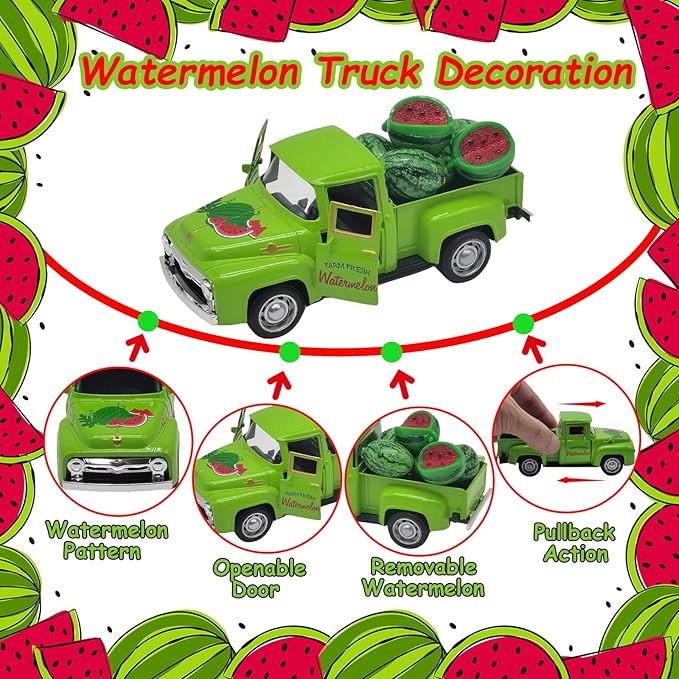 Watermelon Decor Mini Vintage Green Metal Pickup Truck with 6 Realistic Resin Mini Watermelons, Rustic Farmhouse Tiered Tray Decor for Kitchen Table, Happy Summer Party Home Decoration