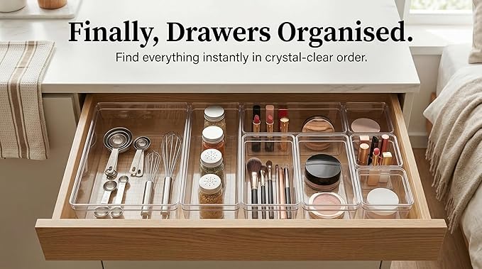 Clear Plastic Drawer Organizer Storage - 25Pcs 4 Size Desk Bathroom Kitchen Organizers and Accessories Office Organization, Vanity Stackable Drawers Bins Trays Containers Dividers Makeup Sets