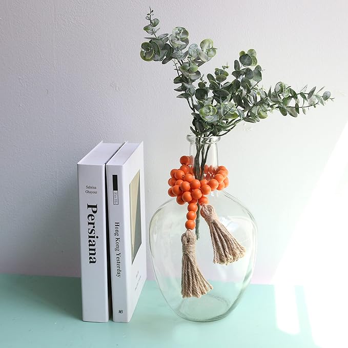 Meplait 39in Wood Bead Garland Farmhouse with Tassels,Versatile Prayer Beads Boho Chic Wall Hanging Home Decor (Orange)