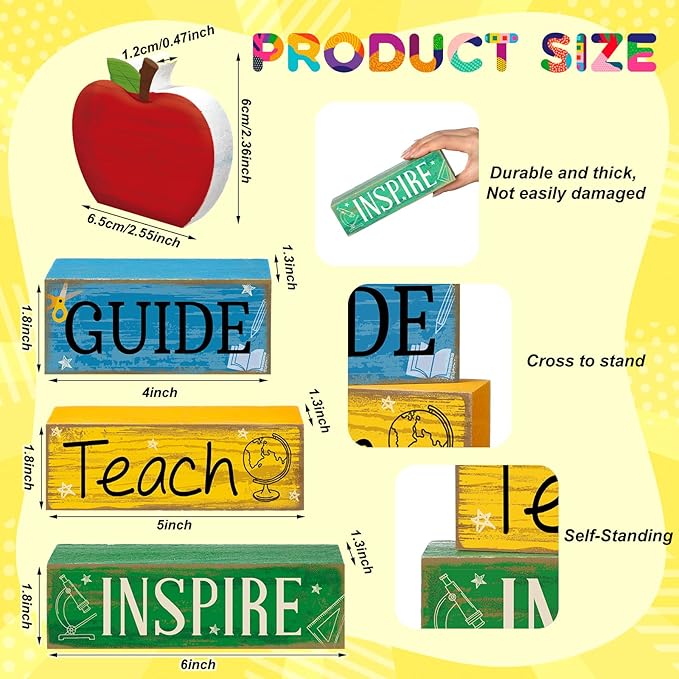 Yuntau 4 Pcs Teacher Appreciation Gift Wooden Apple Table Decoration Guide Teach Inspire Block Sign Apple Tiered Tray Decor Graduation Back to School Teachers Gift for Office Classroom