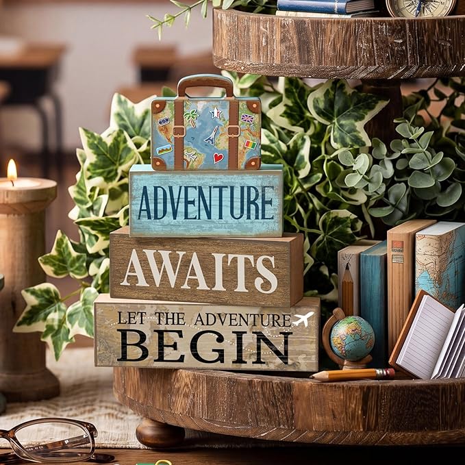 Lineshading 4 Pcs Travel Themed Party Decorations Travel Table Decor Vintage Suitcase Wooden Stacked Sign Bon Voyage Party Decor Adventure Awaits Table Centerpieces for Baby Shower Retirement Birthday