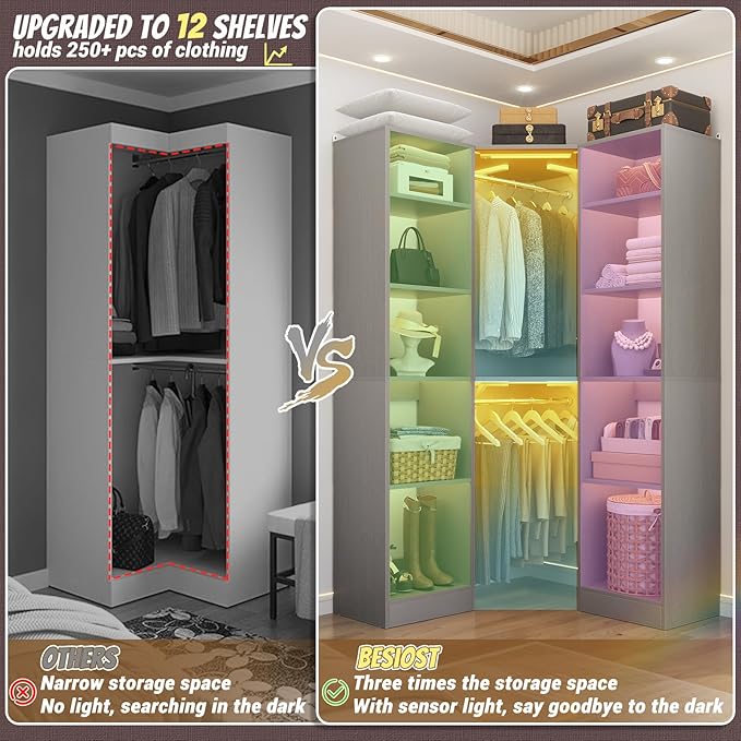 Corner Closet System with 2 Motion Sensor Lights, 39.2" Corner Closet Organizer with 12 Shelves, Closet Corner with 2 Hanging Rods, Versatile 6-Tier Walk-in Closets for Corner Space, Grey