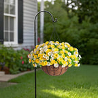 Artificial Hanging Flowers with Basket, Faux Silk Petunias Flower Arrangement, Coconut Lining with Morning Glories Fake Plants Patio Garden Porch Deck Fall Decor(Yellow and White)