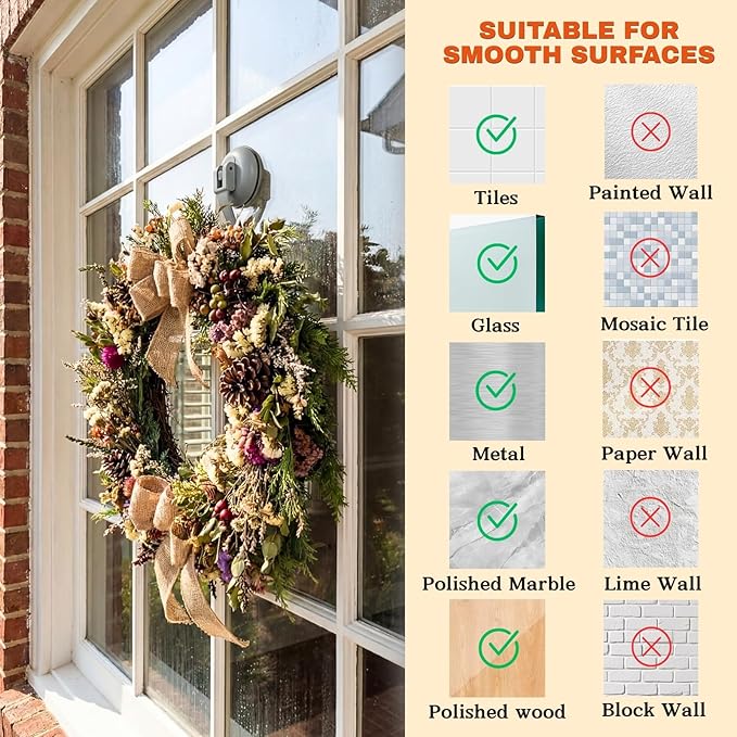 Ofiray-home Wreath Hangers, 2 Pack Heavy Duty Wreath Hangers for Front Doors/Windows/Over Door, No Drill & Reusable Suction Cup Hooks for Bedroom, RV, Bathroom and Home Storage Hooks(Gray)