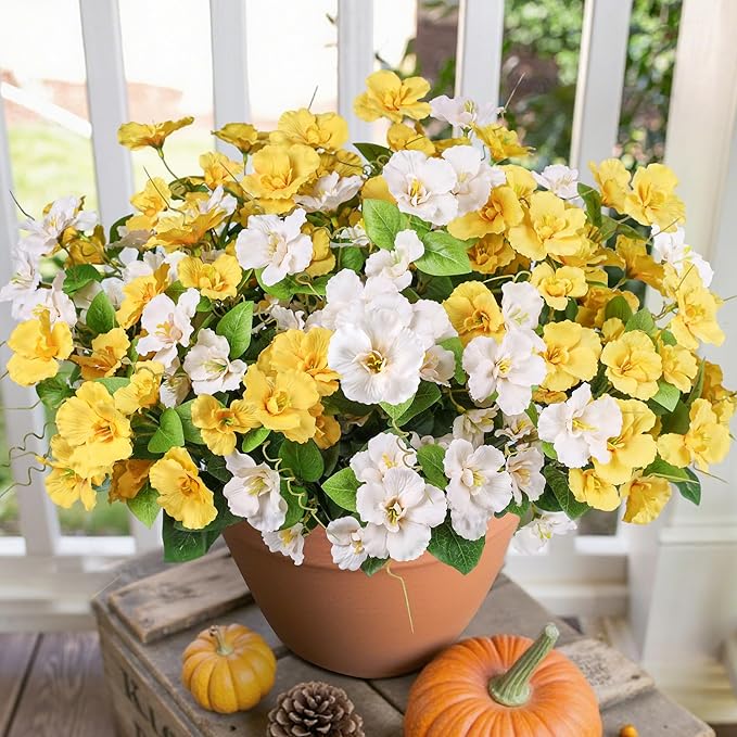Fake Hibiscus Artificial Flowers for Outdoors Spring Summer Decoration, 6 Bundles Silk Hibiscus Flowers Bouquet UV Resistant Look Real Faux Plants for Outside Planter Front Door Porch Balcony, 2MixHB