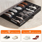 Lifewit Under Bed Shoe Storage Organizer 1 Pack(12 Pairs), 4.3" Tall Fabric Shoes Container Box, Foldable Closet Shoe Bag with 2 Reinforced Handles and Clear Cover, Black