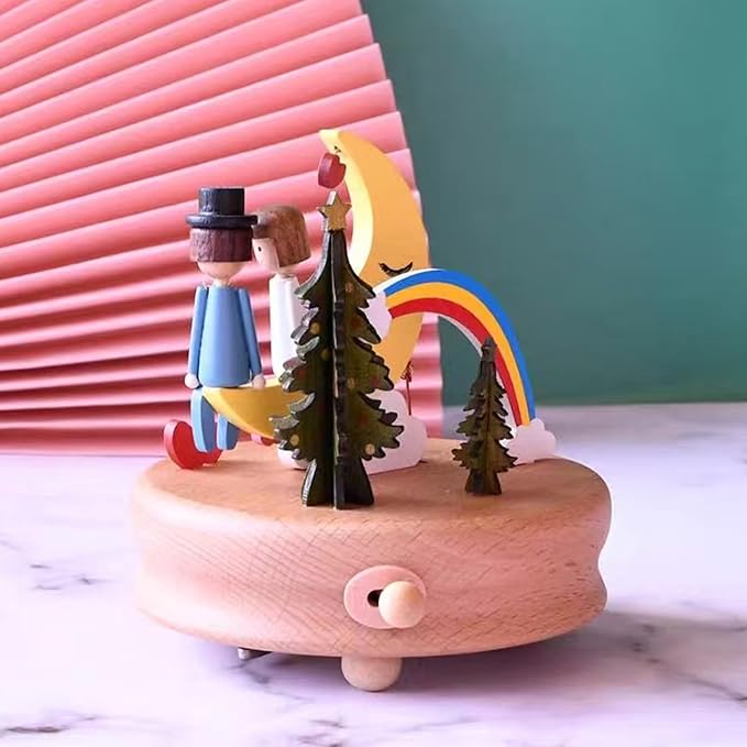 Natural Solid Wood Handcrafted Beech Wooden, Musical FigureTotoro/Carousel/Fairy/Ballerina Figurine,Rotating Hand Crank Mechanism Music Box,Musical Decorations (Moon Lover)