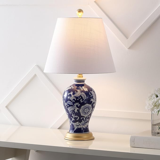 JONATHAN Y 24" Navy/White French Country Ceramic Floral Urn Table Lamp, White Linen Shade, Chinoiserie Ginger Jar Bedside Lamp for Living Room Bedroom, LED Bulb (JYL3009E)