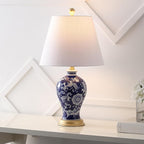 JONATHAN Y 24" Navy/White French Country Ceramic Floral Urn Table Lamp, White Linen Shade, Chinoiserie Ginger Jar Bedside Lamp for Living Room Bedroom, LED Bulb (JYL3009E)