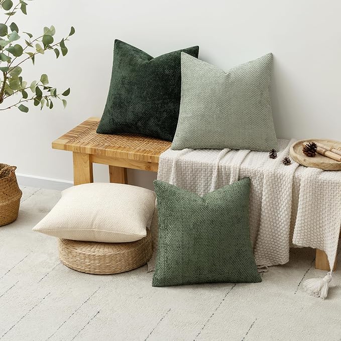MIULEE Pack of 4 Couch Throw Pillow Covers 20x20 Inch Neutral Green Soft Decorative Chenille Pillow Covers Farmhouse Accent Cushion Covers for Boho Spring Home Decor Sofa Bedroom Living Room