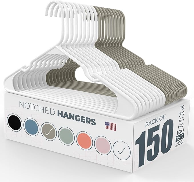 Neaties Plastic Hangers 100+ Pack (150 Count) – Made in The USA – 6lb Capacity Standard Clothes Hangers with Notches and Reinforced Edges for Dresses, Shirts, Pants, and Jackets – White & Gray