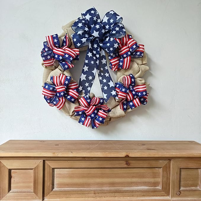 XKCL Patriotic Wreaths, 20 Inch Memorial Day Wreath, 4th of July American Flag Wreath for Front Door Decorations (Beige＆Bule)