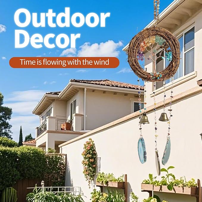 Handmade Natural Rattan Dream Catcher with Gemstones, Wind Chimes & 6-Color Life Tree–Boho Wall Hanging Decor for Home, Bedroom, Garden–Unique Gift for Housewarming, Birthday, Christmas