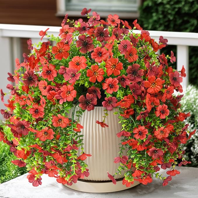Homsunny Artificial Fake Flowers Plants for Outdoor Decoration, 2 PCS Faux Mums Flowers for Outside UV Resistant Realistic for Porch Patio Garden Yard Balcony Home Decor(Red Brown)