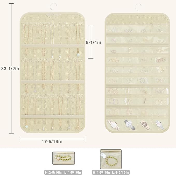 Hanging Jewelry Organizer Storage, 40 Pockets 36 Hooks Necklace Earring Bracelet Ring Organizer, Double - Sided Design, Beige