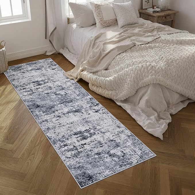 2.6'x10' Runner Rug Washable Rug: Modern Abstract Soft Thin Runner Rug Grey