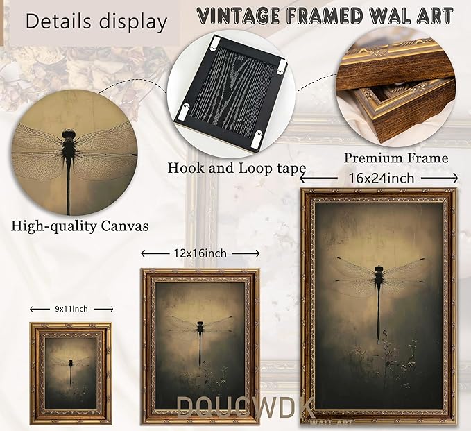 Vintage Gold Framed Wall Art Retro Dark Dragonfly Painting Canvas Prints Gothic Insect Picture Wall Decor Rustic Farmhouse Animal Poster Artwork for Living Room Bedroom Bathroom, 9x11in