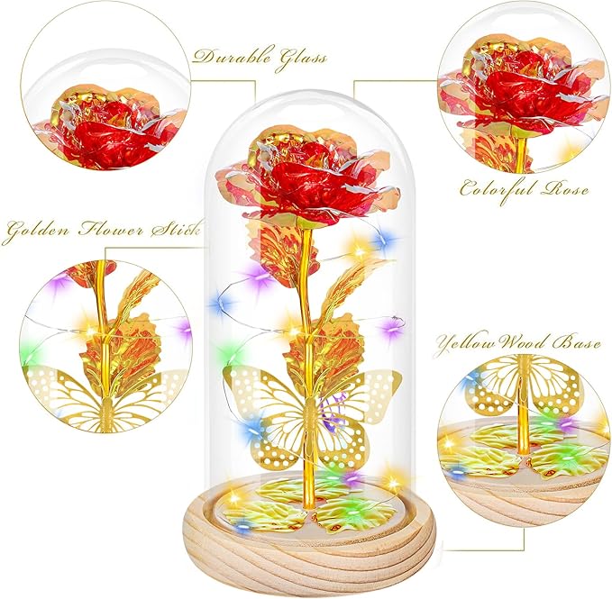 QUNPON Valentines Roses Gifts for Her Women,Valentines Birthday Gifts for Women,Valentine's Day Flowers Gifts for Mom Girlfriend Wife,Red Rose in A Glass Dome Gifts for Valentine Day