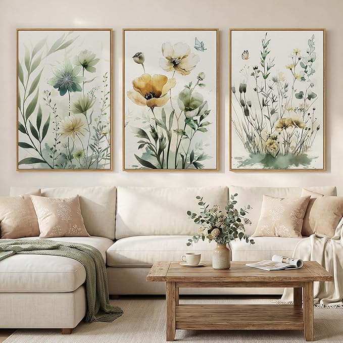 Framed Large Botanical Wall Art for Living Room, 3 Piece Minimalist Watercolor Floral Canvas Wall Art Prints, Modern Farmhouse Boho Sage Green Wildflower Picture for Bedroom Dining Room Decor, 24x36