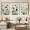 Framed Large Botanical Wall Art for Living Room, 3 Piece Minimalist Watercolor Floral Canvas Wall Art Prints, Modern Farmhouse Boho Sage Green Wildflower Picture for Bedroom Dining Room Decor, 24x36