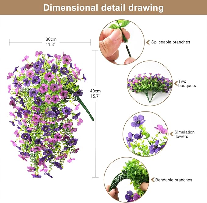 Artificial Hanging Flowers for Outdoors Spring Decoration, 2PCS Silk Fake Daisy Realistic Outdoor Flowers UV Resistant Porch Patio Window Yard Decor(Dark Orchid)