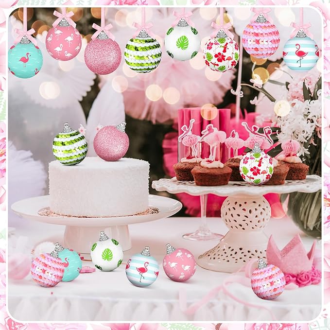 Zeyune 16 Pcs Summer Flamingos Tree Ornaments Summer Hanging Ornament Ball Tropical Palm Flamingo Hanging Home Decorations for Tree Tropical Party Holiday Decor