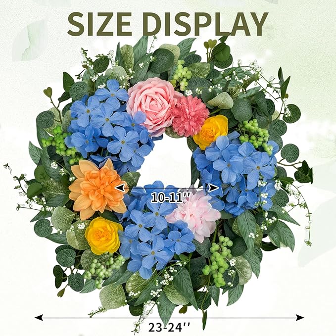 Spring Wreaths for Front Door 24 Inch, Spring Summer Front Door Wreath with Hydrangea & Eucalyptus, Artificial Floral Wreath for Porch Garden Patio Wall Window Indoor Outdoor Home Decor