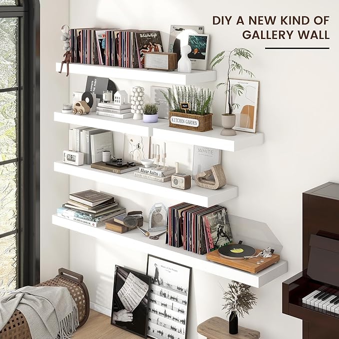 Venusmiles Floating Shelves for Wall, 24 Inch Wide x 12 Inch Deep Floating Shelves, Long Wood Floating Wall Shelf Shelves for Living Room Bathroom Bedroom Kitchen Home - (White, 24" W x 12" D x 2" H)