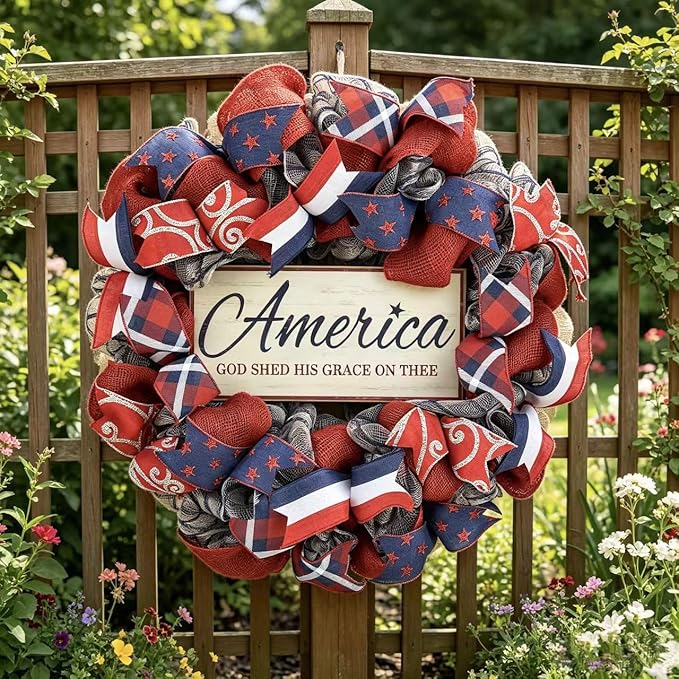 4th of July Decorations Outdoor Patriotic Wreaths for Front Door 250th Anniversary Decorations Red White and Blue American Flag Wreath (America 2)