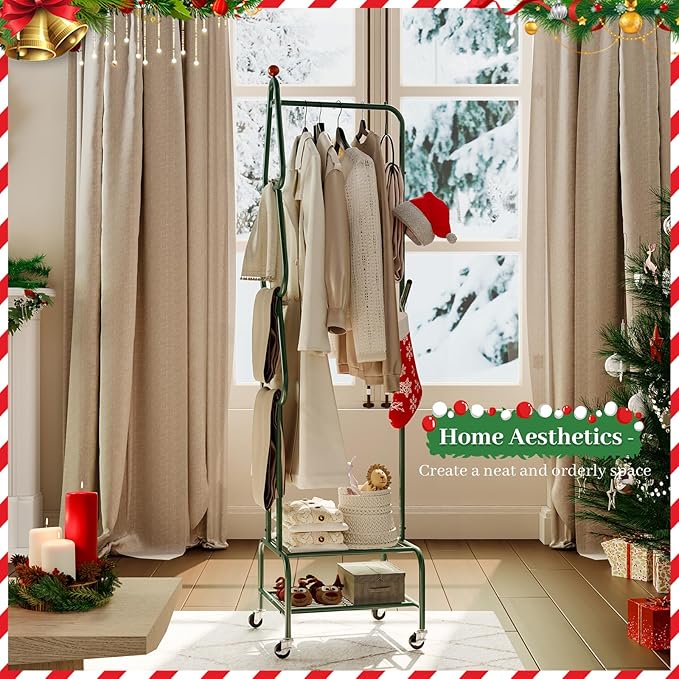 Clothes Rack, Metal Garment Rack with Wheels and Shelves, Rolling Portable Clothing Racks for Hanging Clothes, Freestanding Storage Solution for Small Spaces (Deep Green)