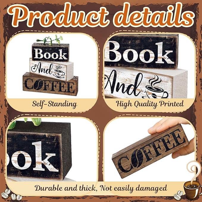 Moucuny 4 Pcs Farmhouse Table Decor Rustic Wooden "book and Coffee" Stacked Block Sign - Vintage Farmhouse Tiered Tray Decor with Coffee Cup & Bean Design, Perfect for Home Office Bookshelf Display