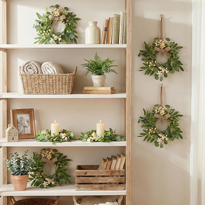 8 Pcs Green Eucalyptus Wreaths for Pillars Spring Summer Kitchen Cabinet Swag Wreaths Mini Green Berry Leaves Wreath with Ribbon for Front Door Porch Wall Window Farmhouse Decoration