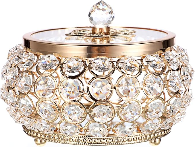 Hipiwe Crystal Jewelry Trinket Box with Glass Lid Large Gold Mirrored Treasure Box Decorative Jewelry Box Ring Earrings Necklace Storage Keepsake Box Gift for Women