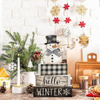 Moucuny 4 Pcs Snowman Christmas Decor Winter Table Decorations Christmas Tiered Tray Decor Winter Centerpiece Decorations Indoor Rustic Wooden Snowman Block Sign Gift Farmhouse for Home Kitchen Shelf