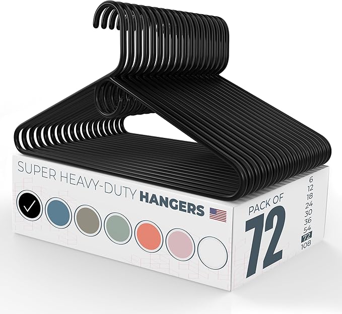 Neaties Super Heavy Duty Clothes Hangers 50+ Pack (72 Count) – Made in the USA - 10lb Capacity, Thick Plastic Hangers for Pants, Coats, Jackets, Jeans and Adult Clothing – Black